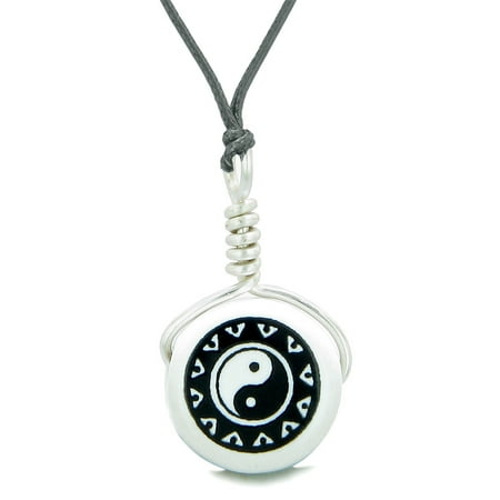 Lucky Ying Yang Balance - Handcrafted Cute Ceramic Lucky Charm Black White Yin Yang Balance Amulet Pendant Adjustable Necklace