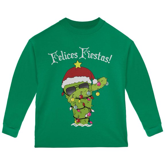Christmas Dabbing Cactus Felices Fiestas Happy Holidays Toddler Long Sleeve T Shirt Green 2T