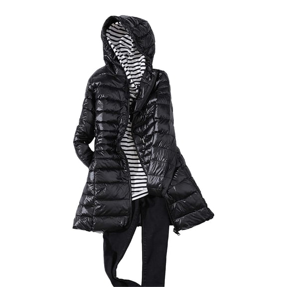 Dpytoraw Women's Solid Color Mid Length Hooded Down Jacket With Drawstring Slim Fit Portable Outerwear