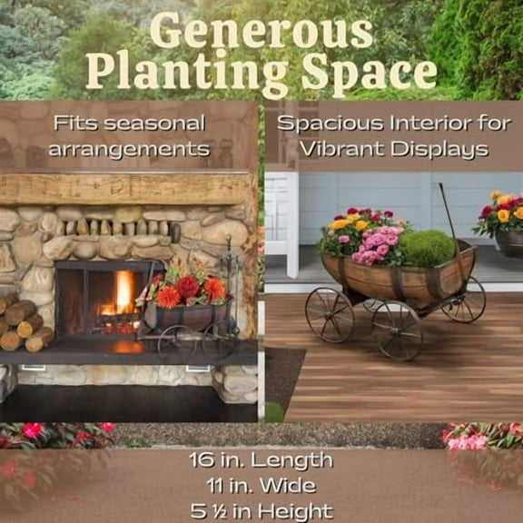 Rustic Barrel Wagon Planter – Vintage-Style Garden Cart with Faux Wood Finish & Iron Wheels – Weather-Resistant Outdoor Flower Bed Décor – 34" L​