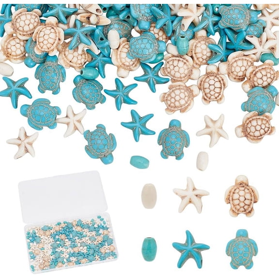 about 218 Pcs Ocean Sea Theme Turquoise Beads 3 Styles 2 Colors Assorted Turtle & Starfish & Oval Beads Dyed Sea Ocean Animal Stone Strand Beads Charms
