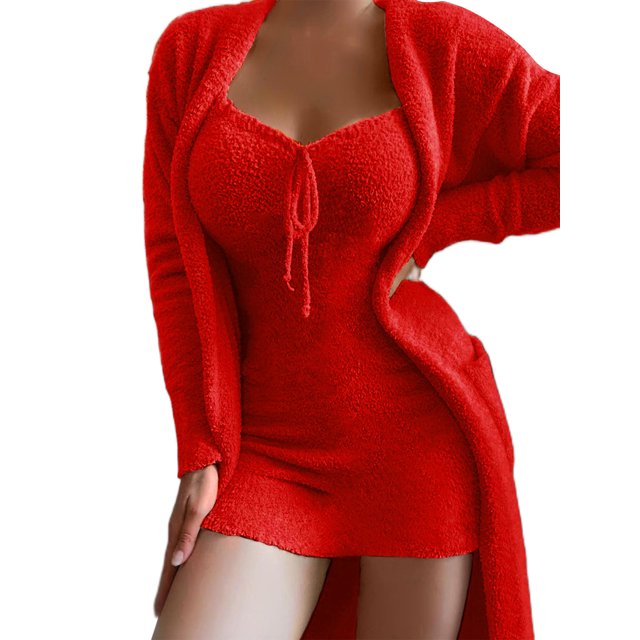 Bellella Femmes Sleepwear Manches Longues Loungewear Cordon Cardigan Flou et Robe Courte Deux Pièces Tenues Femmes Pyjamas Ensembles Rouge 2XL