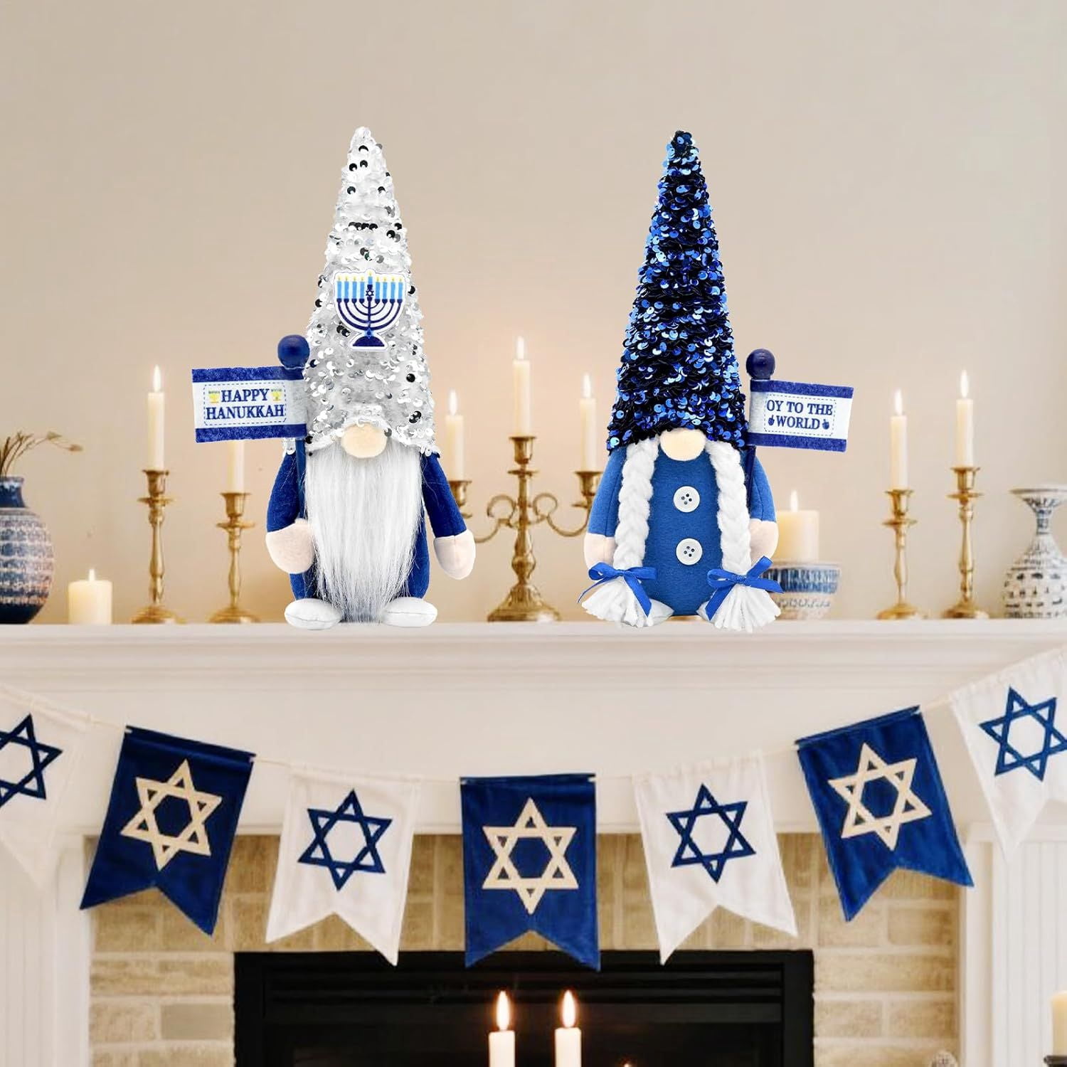 Hanukkah Gnomes Decorations for Home Indoor, Hanukkah Menorah Plush Decor, Jewish, Chanukah Ornaments Jewish Decorations for Party, Table and Tiered Tray Decor