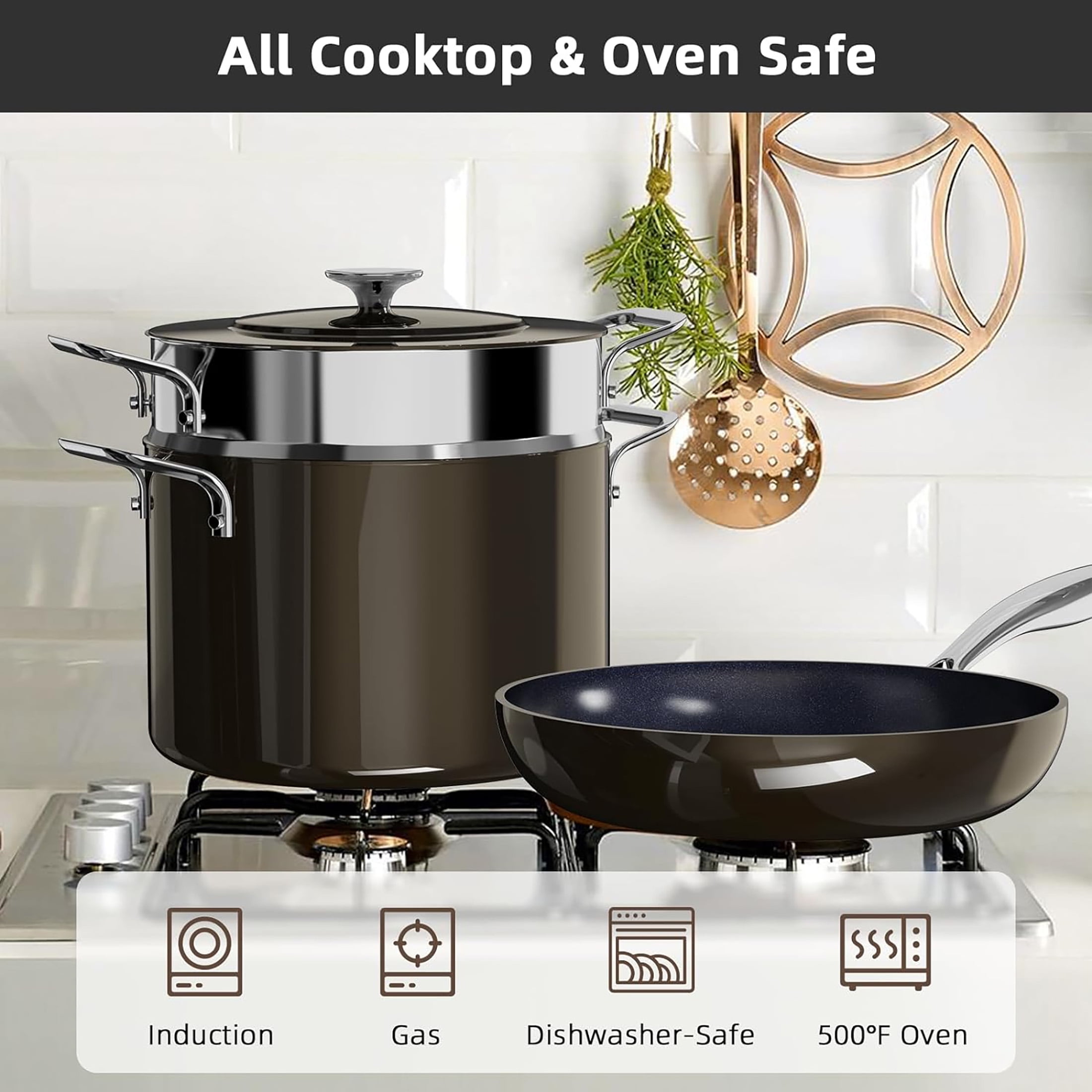 Nuwave Lux Pots and Pans Set Ultra Nonstick, Healthy G10 Duralon Ceramic Coating 13pc Forged Lightweight Cookware Set, Stay-Cool Handles, Works on All Cooktops & Oven, Black Coffee
