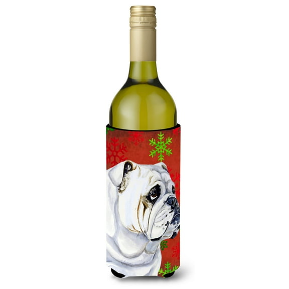 Carolines Treasures LH9319LITERK Bulldog English Red and Green Snowflakes Holiday Christmas Wine Bottle Hugger Wine