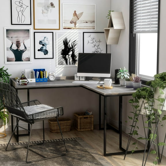 Magnus Wood L-Shaped Computer Desk with USB Ports, Gray