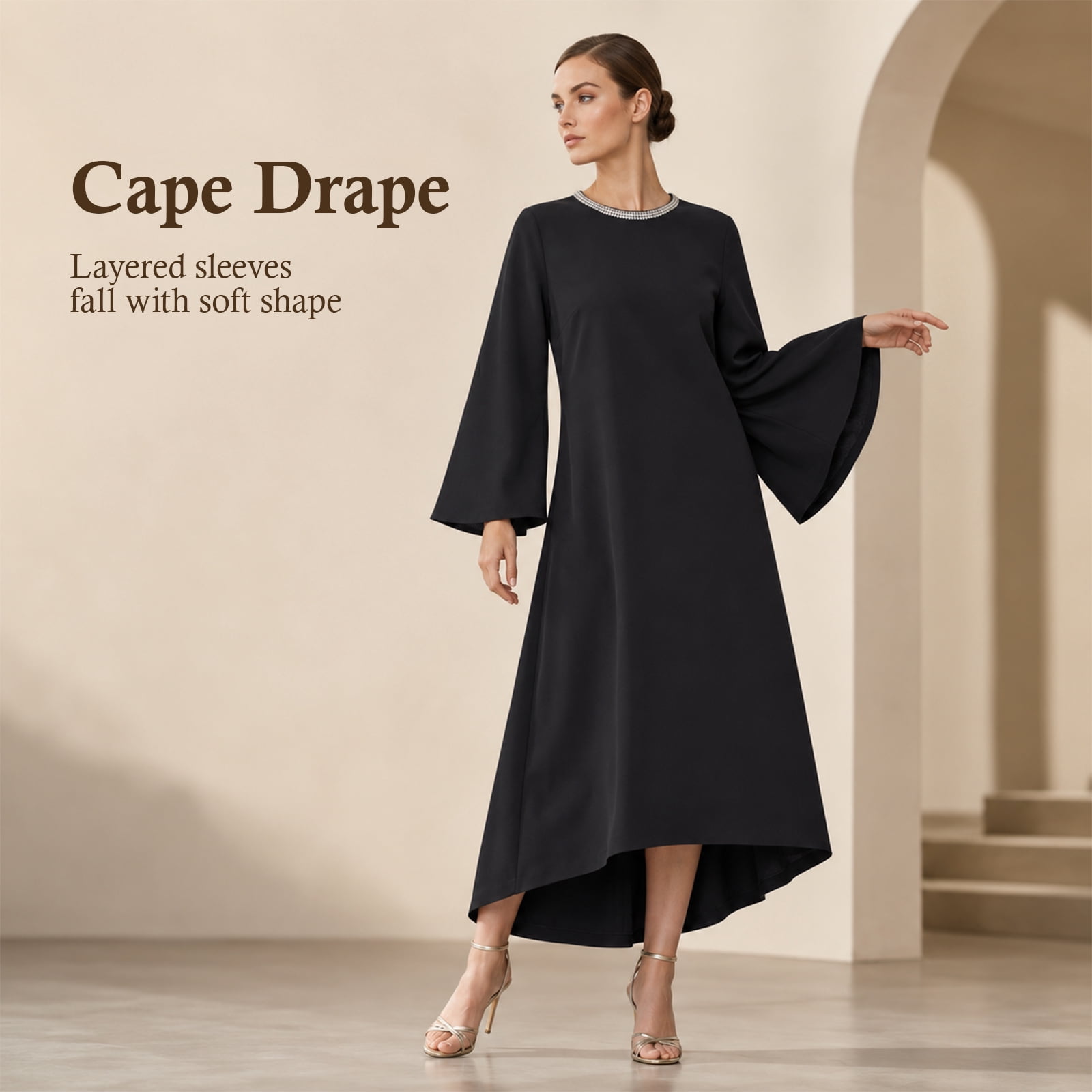 Alvantor Women's Cape Sleeve Midi Dress with Trimmed Neckline, Black