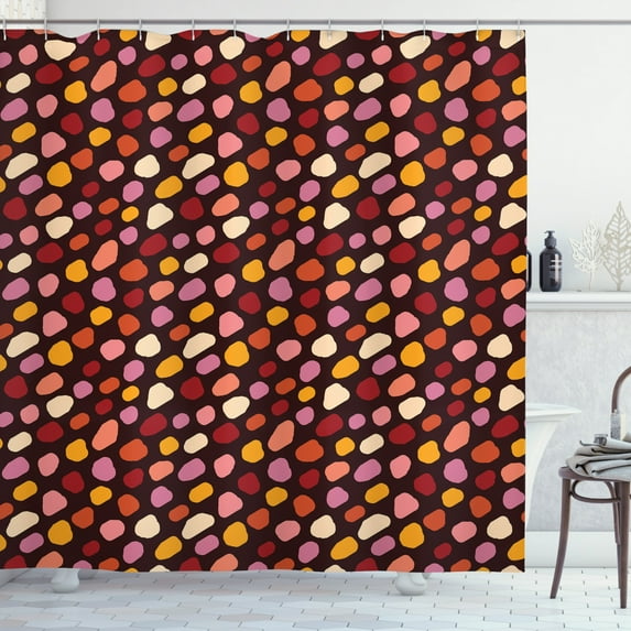 Abstract Shower Curtain, Pattern with Colorful Deformed Spot Shapes in Asymmetric Irregular Order Print, Fabric Bathroom Set with Hooks, 69W X 84L Inches Extra Long, Multicolor, by Ambesonne