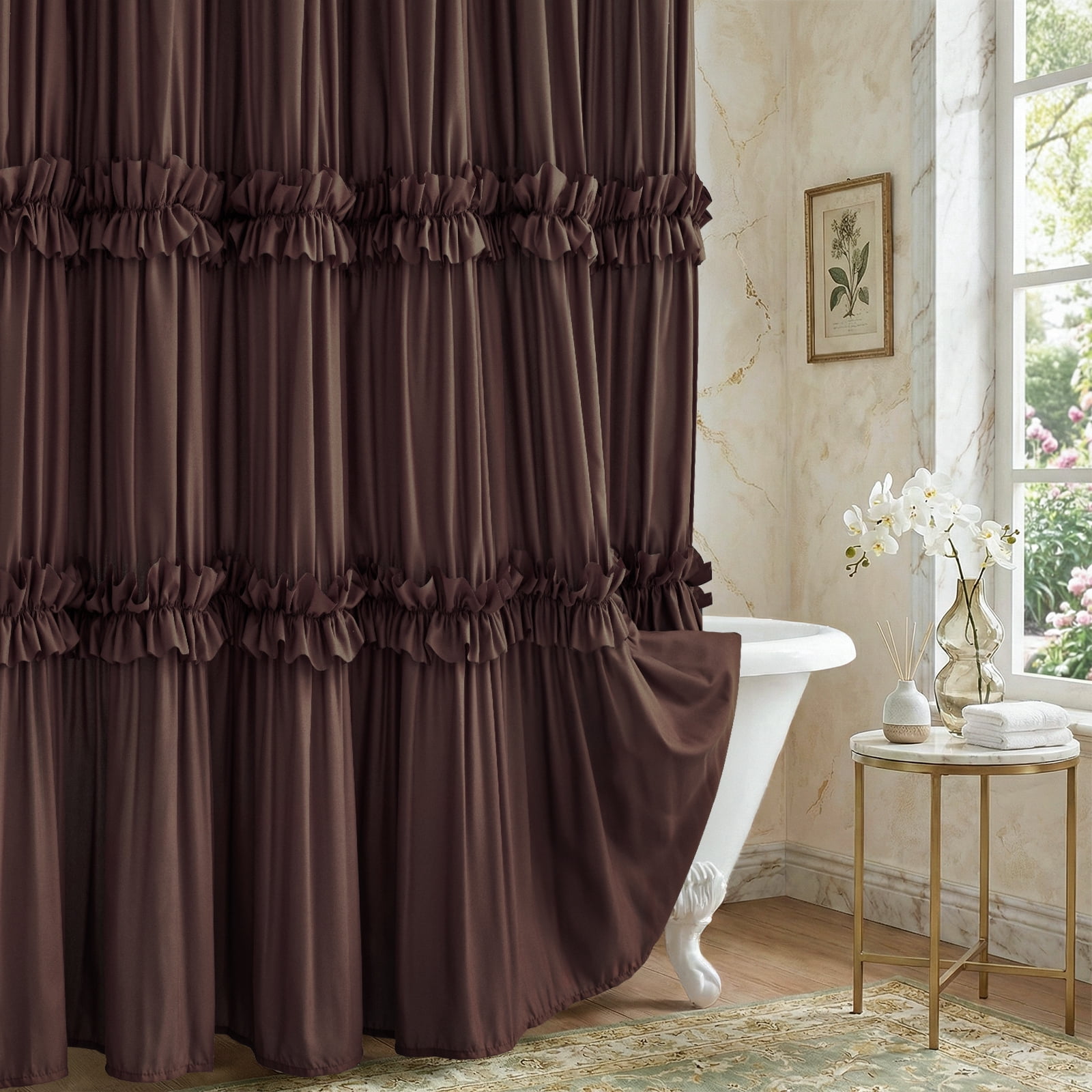 Seasonwood Ruffle Shower Curtain,Brown Tiered Fabric Bathroom Curtain for Farmhouse Decor,72 x 72 Inch