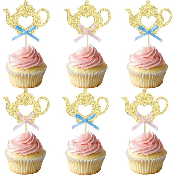 12pcs Teapot Cupcake Toppers Glitter Tea Cupcake Picks Teapot Baby Shower Wedding Birthday Party Cake Decorations Supplies Pink Blue