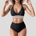 thumbnail image 3 of Women's High Waist Bikini Set with Crochet Waistband and Halter V Neck Top - Medium, Black, 3 of 7