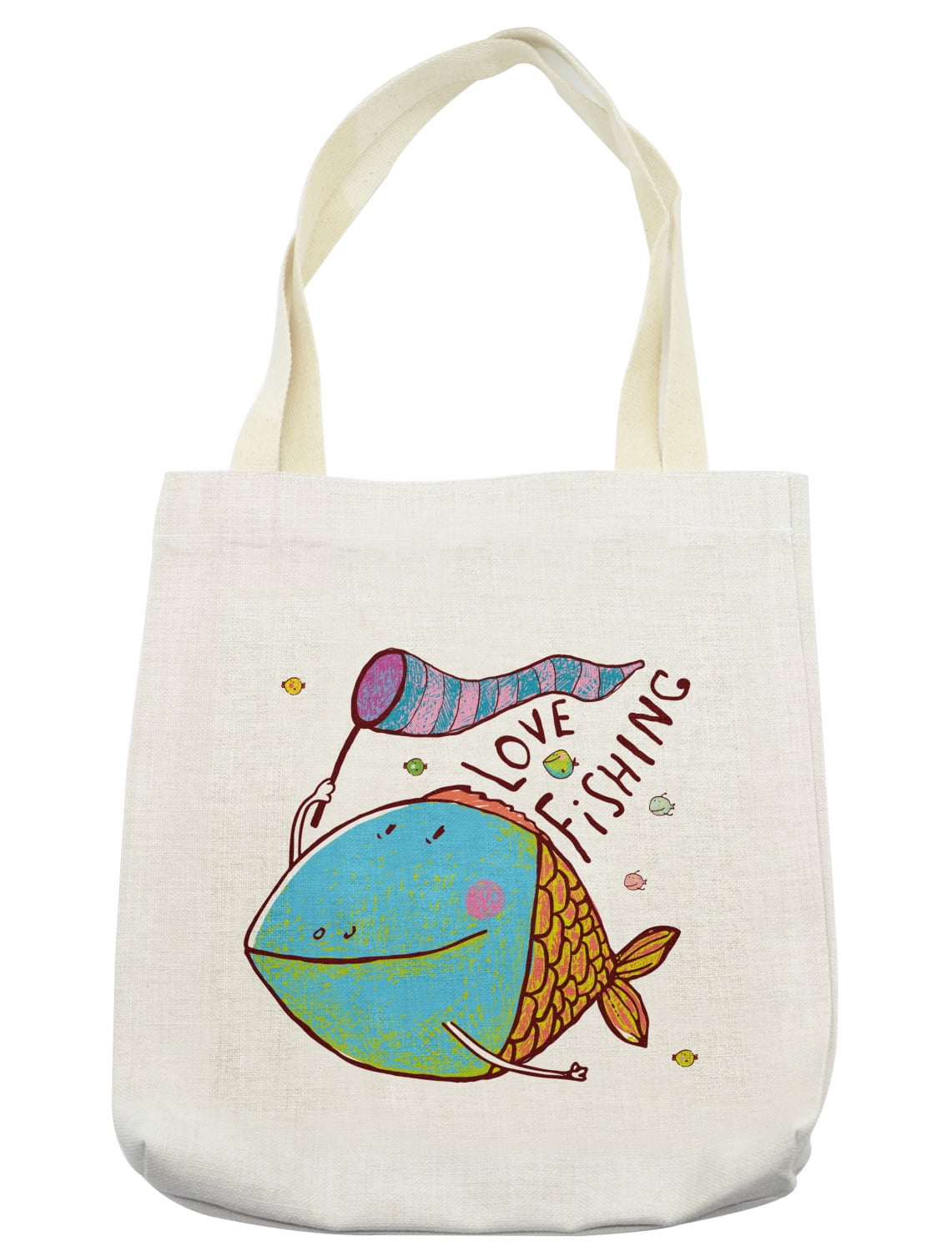 Fishing Tote Bag, Large Fat Fish Holding a Flag with Love Words