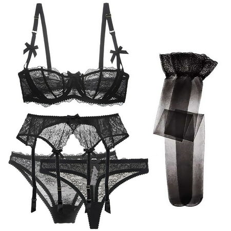 

Varsbaby Women s Lace Unlined Balconette Bra set Bra and Panties and Garter and Stocking 5 piece
