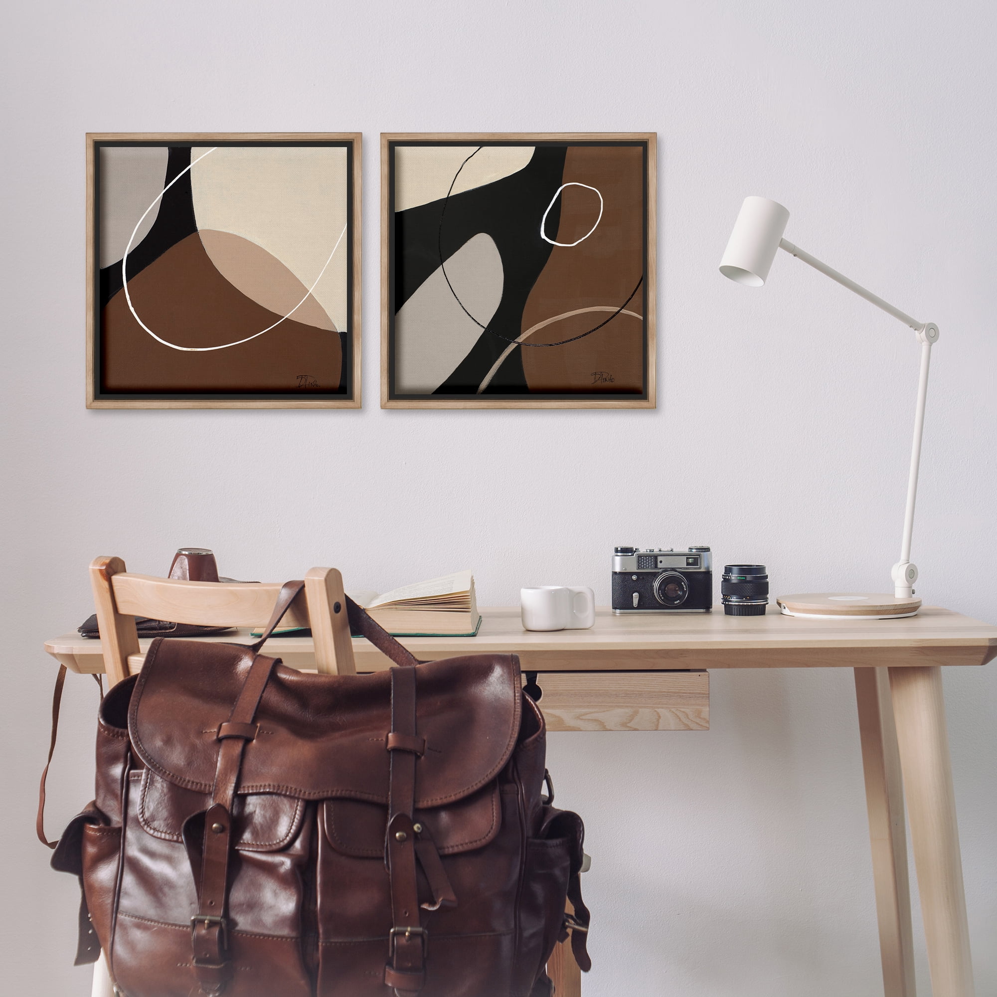 Stupell Industries Classic Abstract Neutral Shape Abstract Painting Brown Floater Framed Canvas Art Print Wall Art, 18 x 18, Set of 2