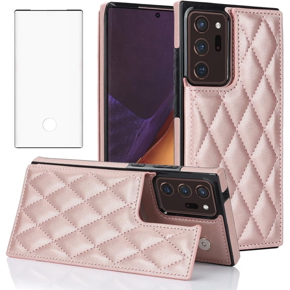 Asuwish Kickstand Hard Shell Wallet RFID Blocking Cell Phone Case with 1 Phone Case 1 Piece Tempered Glass Screen Protector for Samsung Galaxy Note 20 Ultra ,Rose Gold