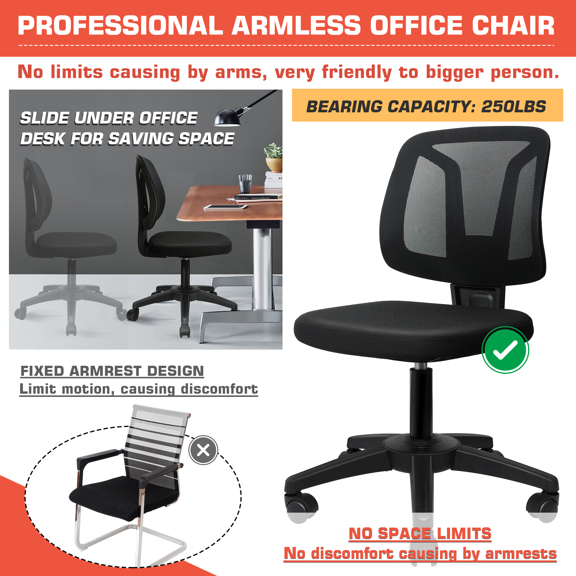 Buy Armless Desk Chair, Black Mesh Office Chair with Lumbar Support and Height Adjustable Online
