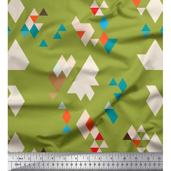 Soimoi Green Japan Crepe Satin Fabric Geometric Abstract Printed Craft Fabric by the Yard 42 Inch Wide