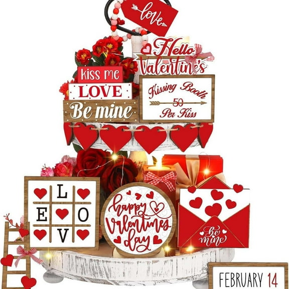 KCEHTA 15 Pcs Valentines Day Tiered Tray Decorations Set Valentines Heart Wood Sign Rustic Farmhouse Tiered Tray Decor Set Valentines Day Table Decorations for Home Office Party Bedroom