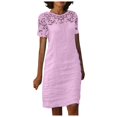 thumbnail image 1 of Vestido informal de encaje para mujer: cuello redondo, manga corta lisa, vestido de fiesta elástico y suave, 1 of 7