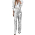 thumbnail image 2 of Endives Women's Sequin Pant Elegant Glitter Sequins Wide Leg Casual Pant Solid Color Elastic Waistband Sequin Trousers Silver, 2 of 7