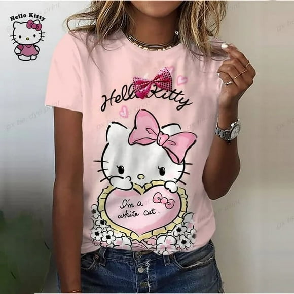 T-shirt d'Été pour Femmes Hello Kitty Impression Mode 3D Harajuku T-shirt Surdimensionné Tee pour Filles Vêtements Nouveau Manches Courtes Col Rond Haut