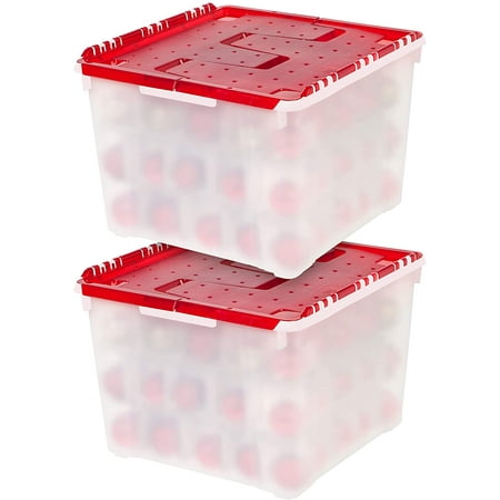 IRIS USA, Red Plastic Holiday Ornament Storage Box Container, Pearl/Red, Set of 2