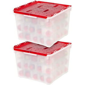 IRIS USA, Red Plastic Holiday Ornament Storage Box Container, 2 Pack, Pearl/Red