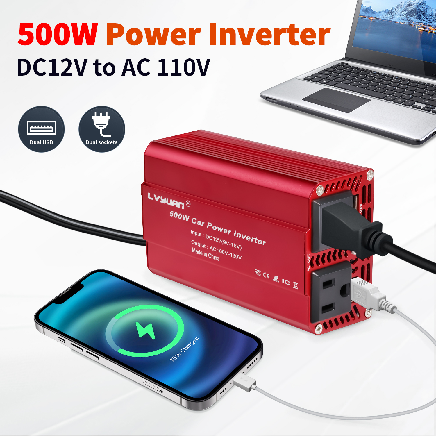 EFFORTWAY 500 Watts Power Inverter Car Converter DC 12V to AC 110V 120V Adapter Battery Charger for Car 2AC 2USB Red