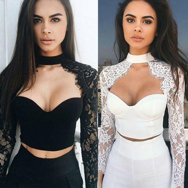 Sexy Women Lady Lace Long Sleeve Crop Tops Blouse Shirt Bustier