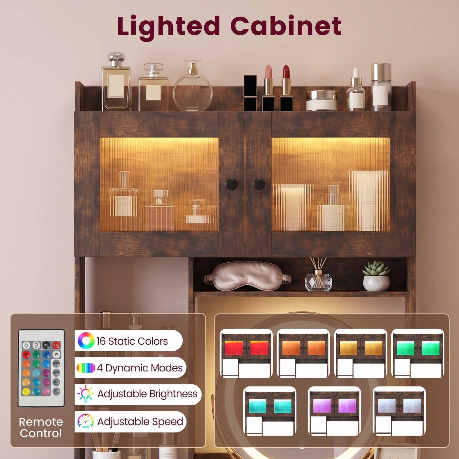 Furnibear Vanity Desk with 360 Degree Rotatable Lighted Mirror and Lighted Cabinet and Charging Storage Shelves, Rustic Brown