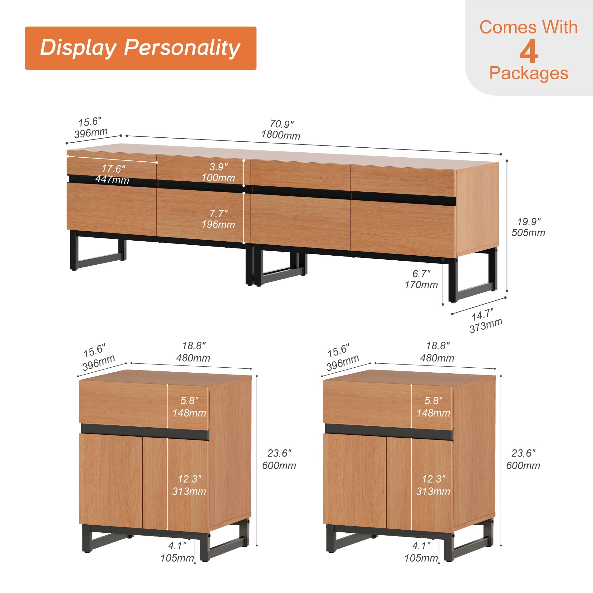 Modern 3-Piece Living Room Set, 71 Inch TV Stand And 2 End Table Sets With Drawers, Media Console with Storage Shelves, Sturdy Wood Frame & Metal Legs, Contemporary Furniture for Living Room,Mocha