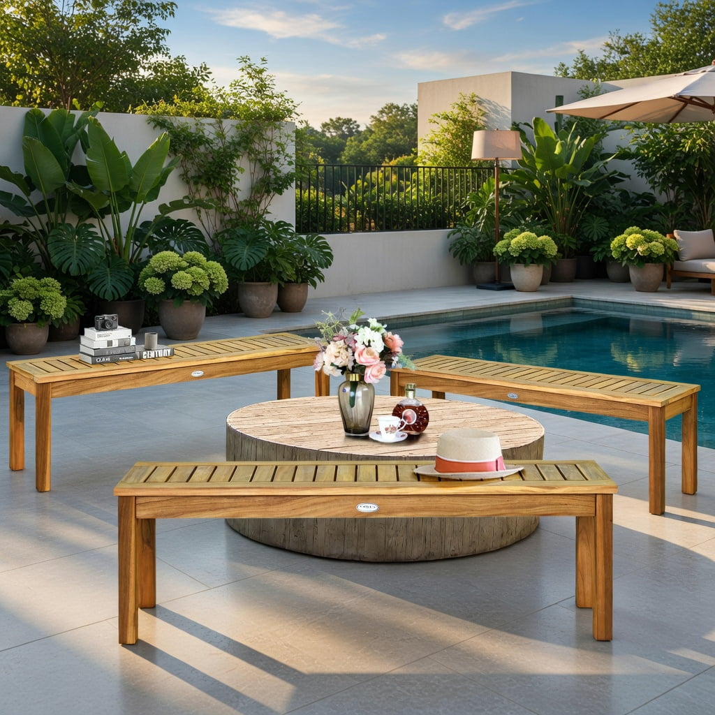 Hommoo 52" Teak-Colored Solid Acacia Wood Outdoor Dining Bench, Weather-Resistant, Patio Bench for Backyard, Garden & Patio, Natural