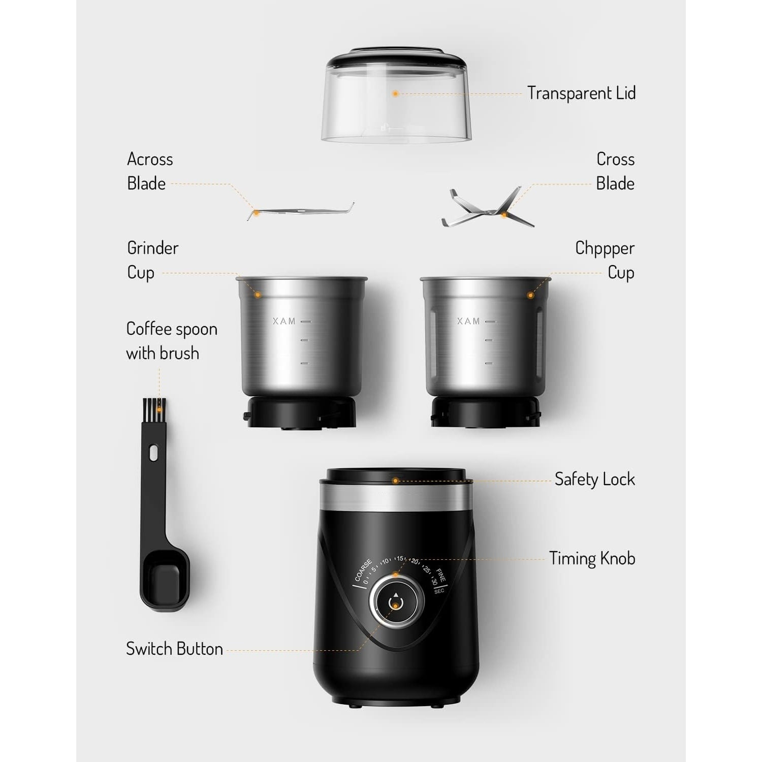 Electric Super Silent Blade Coffee Grinder, Timed Grind Control Rotary Knob, Adjustable Coarse to Fine for Coffee Beans, Spices & Herbs, with 2 Removable Stainless Steel Bowl, Black