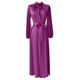 thumbnail image 2 of Women's Muslim Kaftan Abaya Prayer Dress Plain Satin Round Collar Long Sleeve Wrap Waist Maxi Dress, 2 of 3