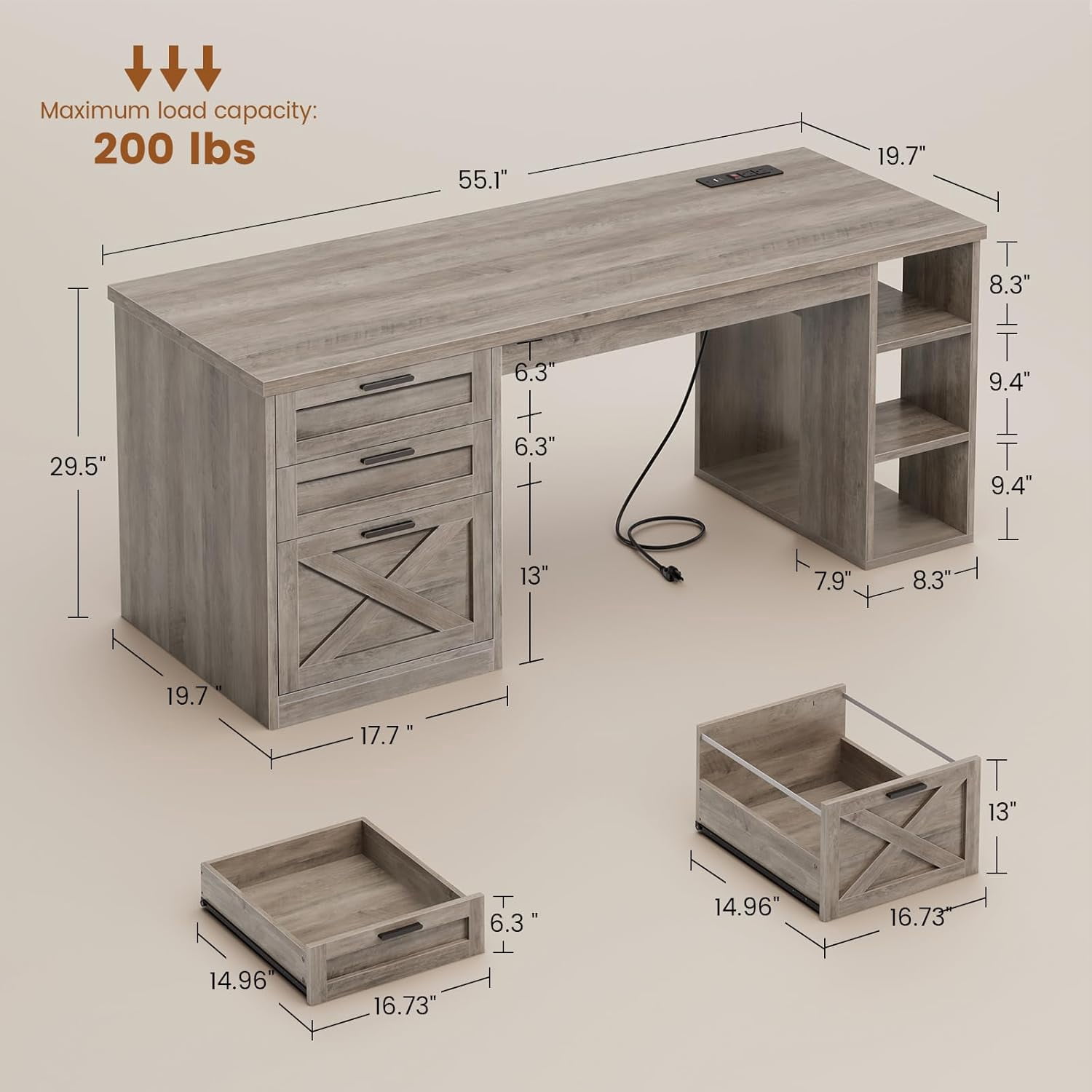 55.1" Farmhouse Desk with 3 Drawers & Open Shelves, Home Office Desk with Power Outlets & File Drawer, Wood Desk with Ample Storage, Computer Desk for Bedroom, Grey