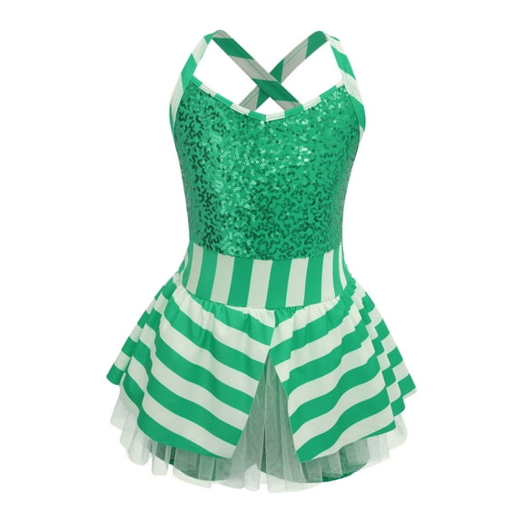 TTAO Kids Christmas Dance Leotard Tutu Dress Girls Sequins Santa Claus Dress Xmas Elf Sleeveless Bodysuit Jumpsuit Green 8