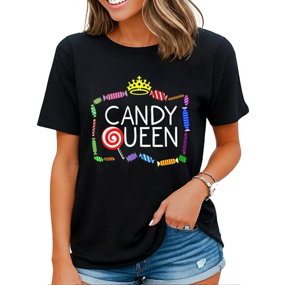 Sweet Candy Women T-Shirt Funny Candy Queen Gift For Lollipop Lover Casual Tops Black 3X-Large