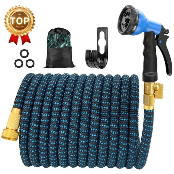 SUNDAN Expandable Garden Hose 100ft No Kink Flexible Water Hoses for Outdoor with 8-Pattern Spray Nozzle(Black/Blue)
