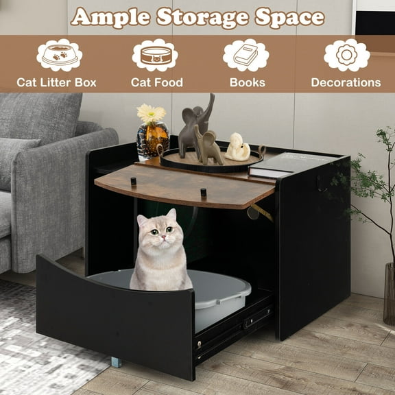 Amijoy Cat Litter Box Enclosure w/ Pull-out Drawer, Hidden Cat Washroom Furniture w/ Flip Door, Rolling Caster