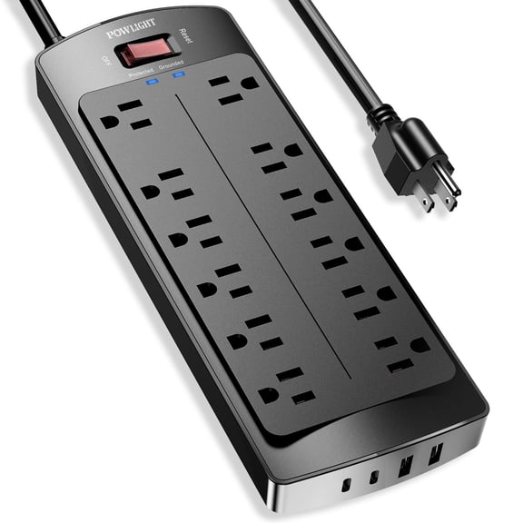 Surge Protector Power Strip with 12 AC Outlets, 4 USB Charging Ports (2 USB-C), 2700J Surge Protection, 6ft Extension Cord (1875W/15A) for Home and Office Use