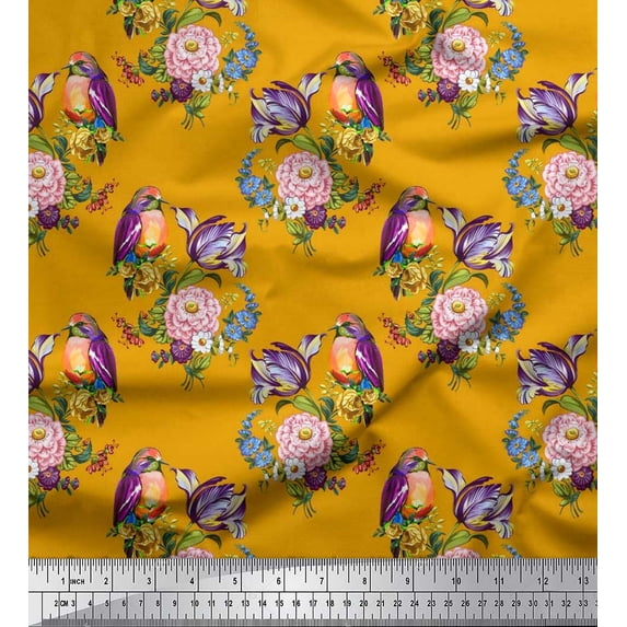 Soimoi Gold Cotton Voile Fabric Leaves,Floral & American Robin Bird Decor Fabric Printed BTY 56 Inch Wide