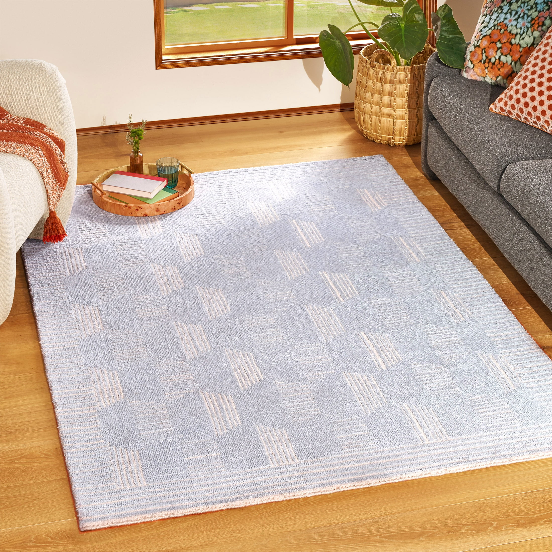 Beautiful Tufted Blue Geometric Stripe Indoor Area Rug by Drew Barrymore, 9' x 12'