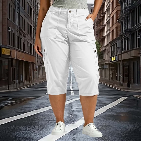 WPPGONE Plus Size Cargo Capri Pants for Women Elastic Waisted Straight Leg Button Cropped Bottoms Summer Outdoor Shopping Camping Trousers with Pockets