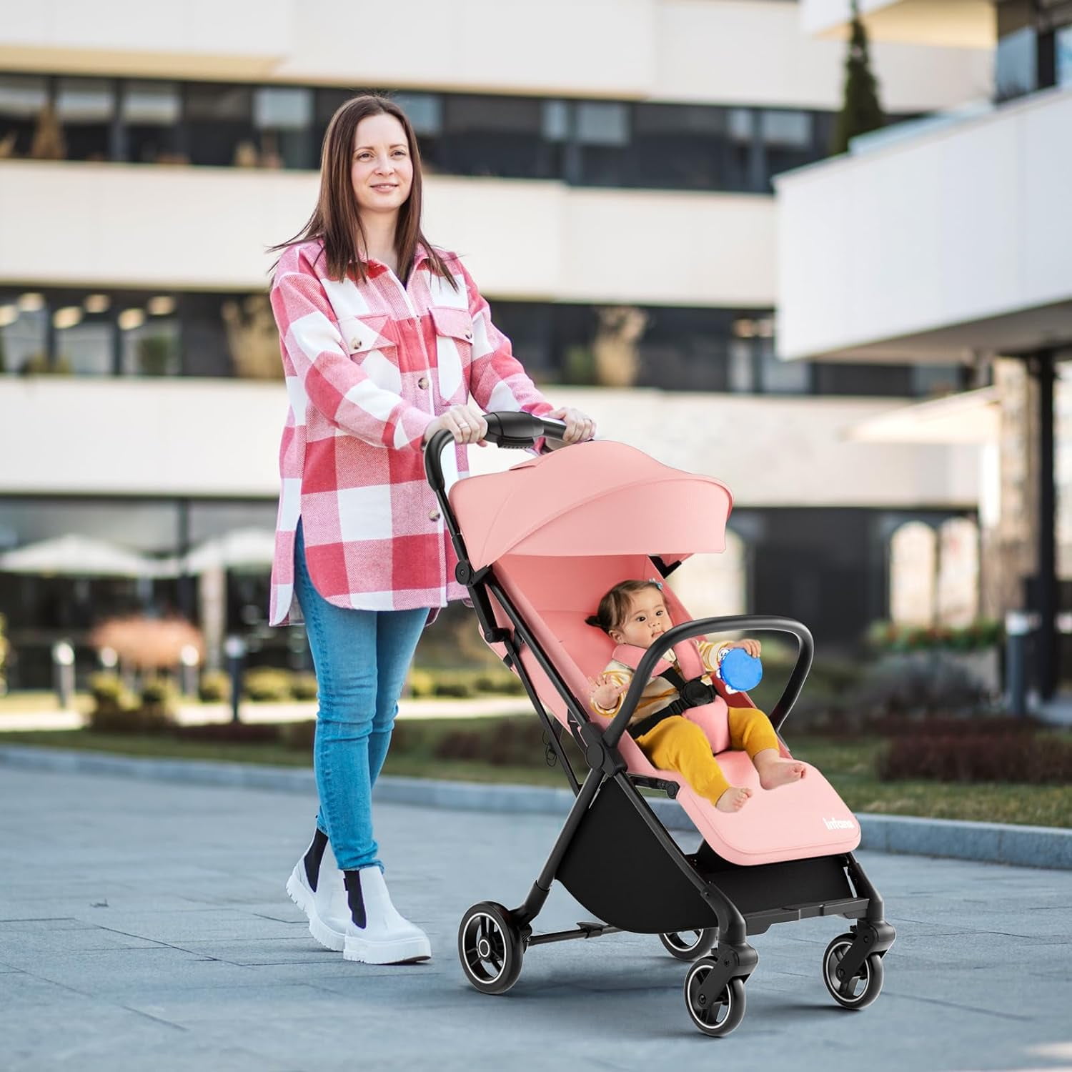INFANS Lightweight Baby Stroller, 1 Second Fold, Compact Travel Stroller for Airplane with Aluminium Frame, Adjustable Backrest and Canopy, Foldable Infant Toddler Stroller