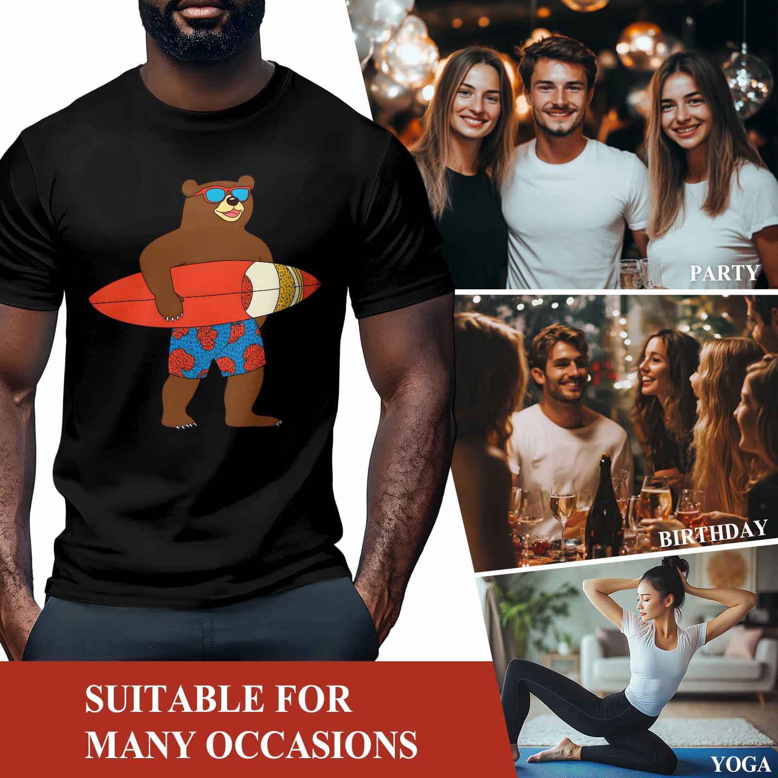 Surf Brown Bear Men's T Shirts Cartoon Bear with Glasses T-Shirt for Men Crew Neck Tees Cotton Tops Black, S