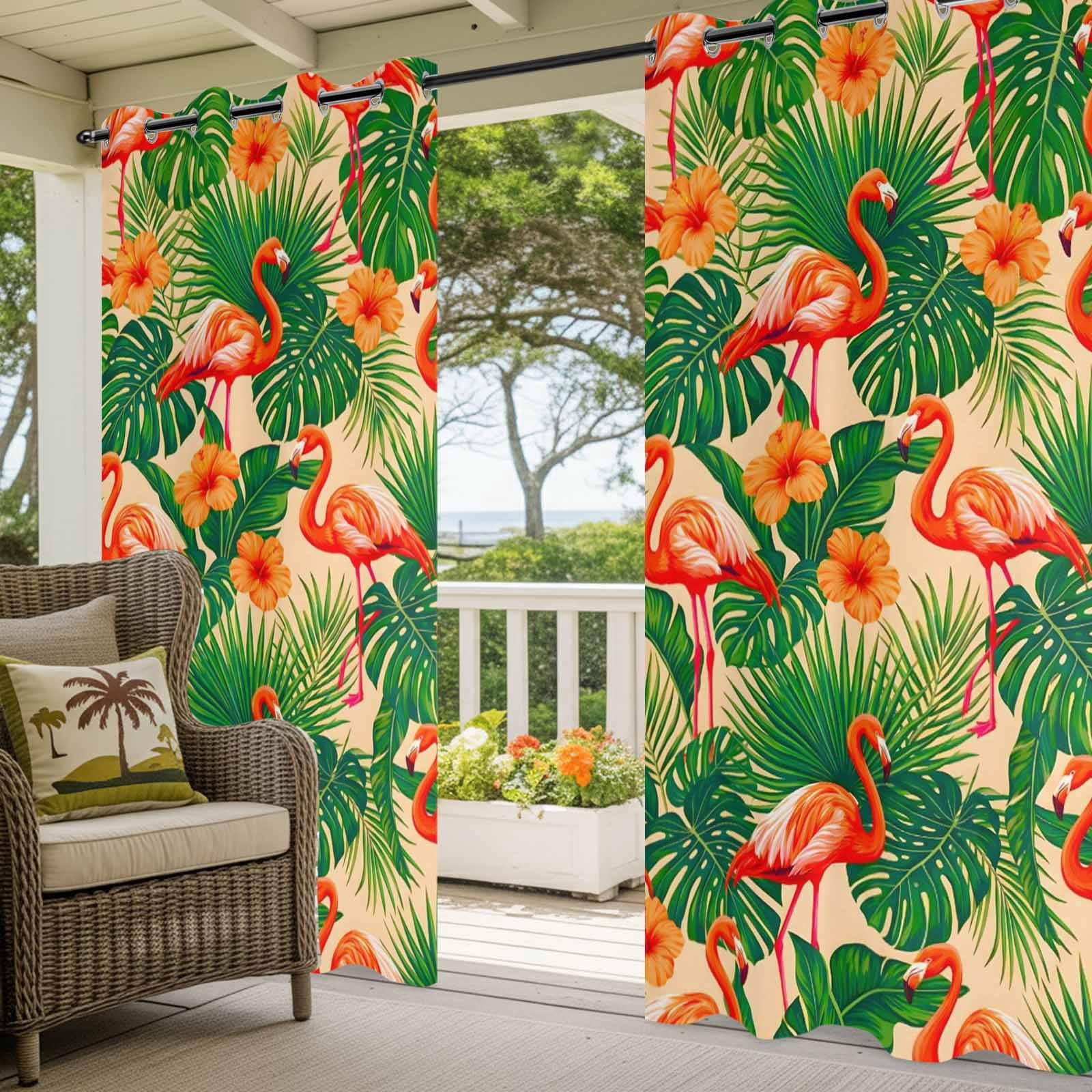 Red Flamingos Outdoor Curtains for Patio, Jungle Plants Hibiscus Flower Green Leaf Botanical Sunshade Privacy Drapes Grommet Waterproof Outside Curtains for Porch/Cabana/Balcony 54"x 108", 1 Panel