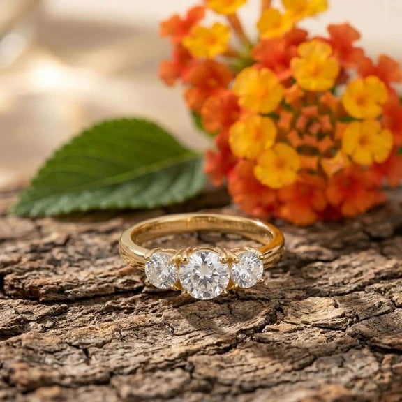 vylahjewellery Round Cut Moissanite Engagement Ring 3 Stone Vermeil Yellow Gold WeddingRing for Women, Wedding Anniversary Promise Jewelry Gift