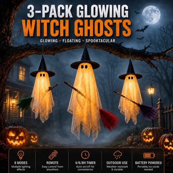 Halloween Decorations Outdoor, 3 Pack Light Up Hanging Ghosts with Remote & 4/6/8H Timer