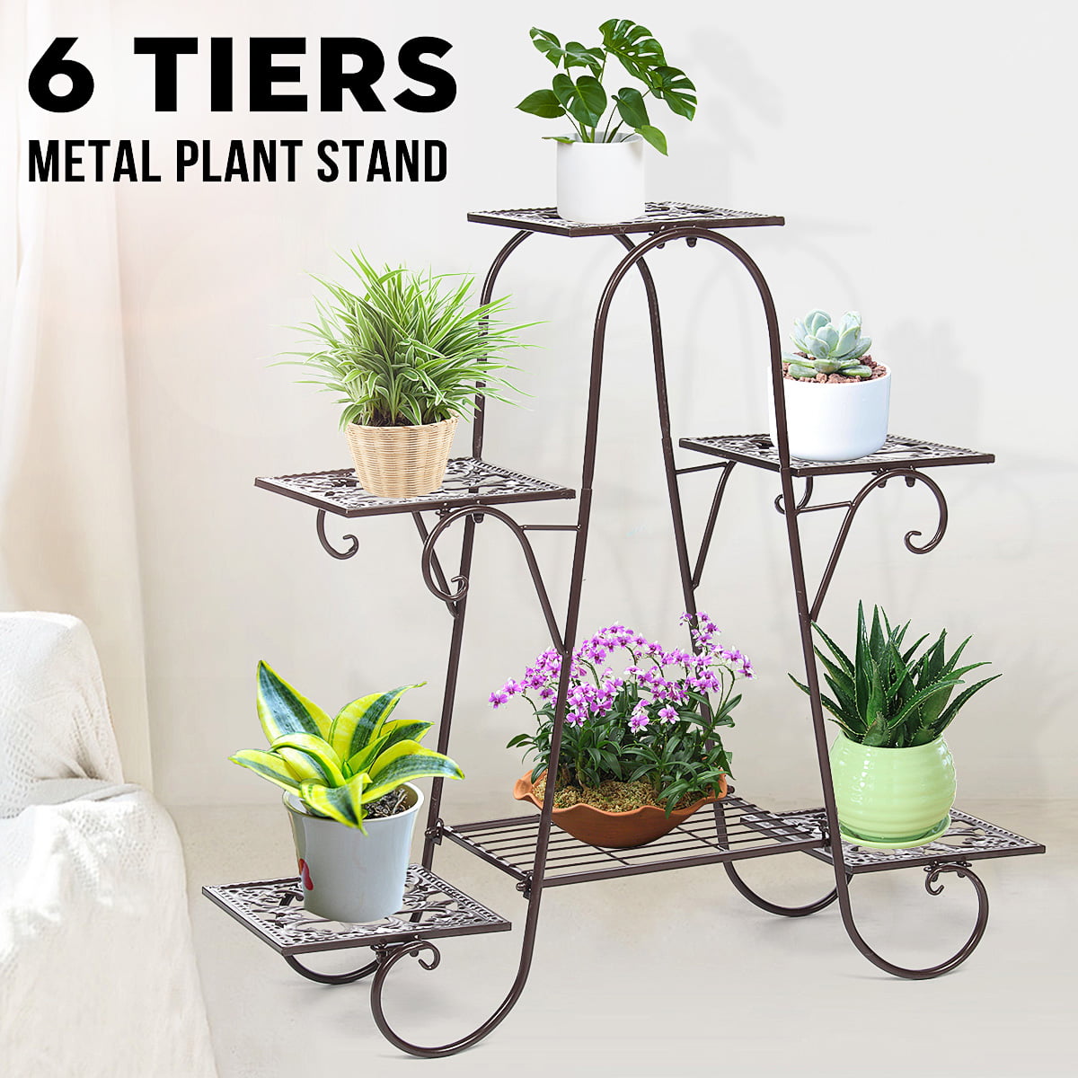 6 Tier Metal Plant Stand Flower Pot Holder Self Rack Display Garden Patio Decor 