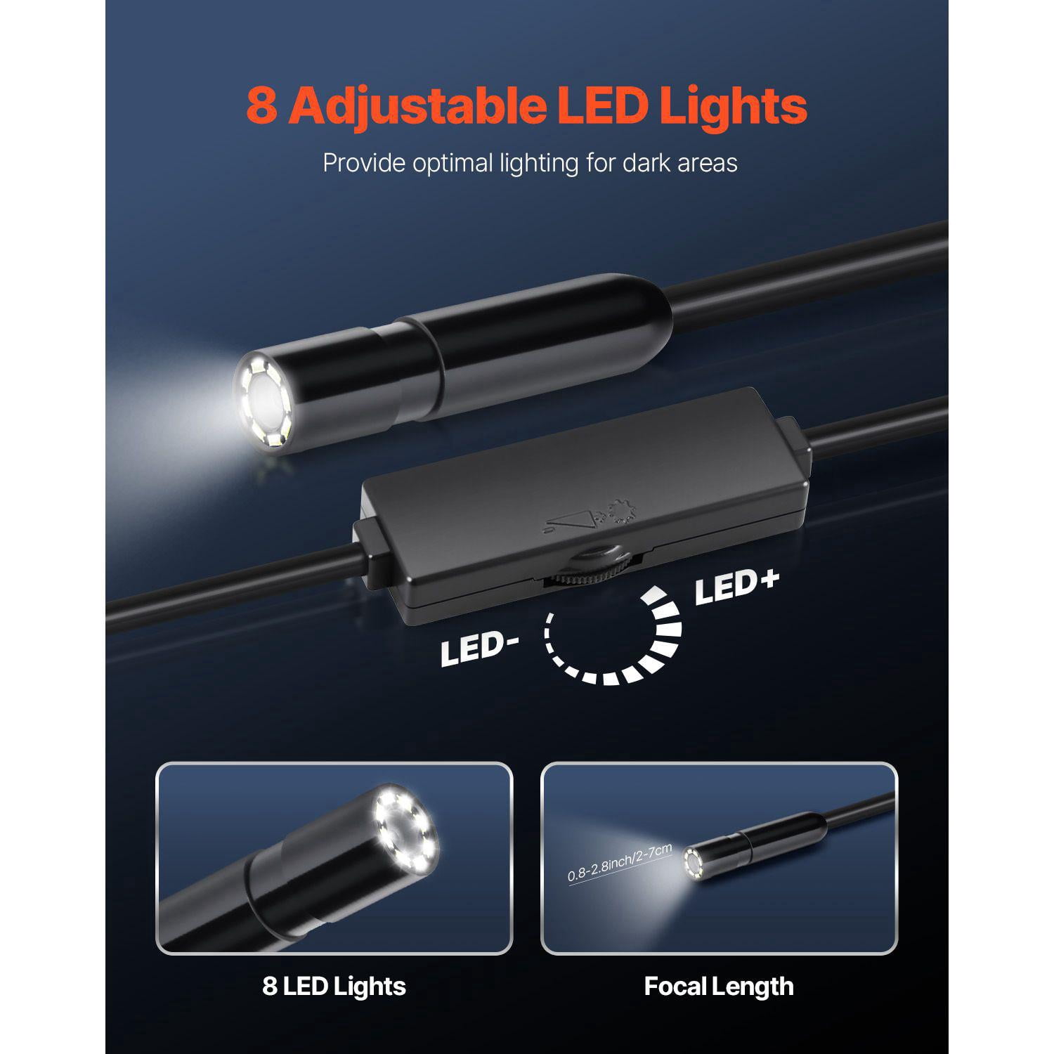 Endoscope Camera 1920P HD Borescope with 8 LED Lights 16.4FT Semi Rigid Cable 2X Zoom IP67 Waterproof for Android iOS Auto Plumbing Inspection